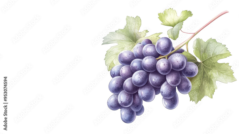 Fototapeta premium Fresh Ripe Purple Grapes with Green Leaves on Vine