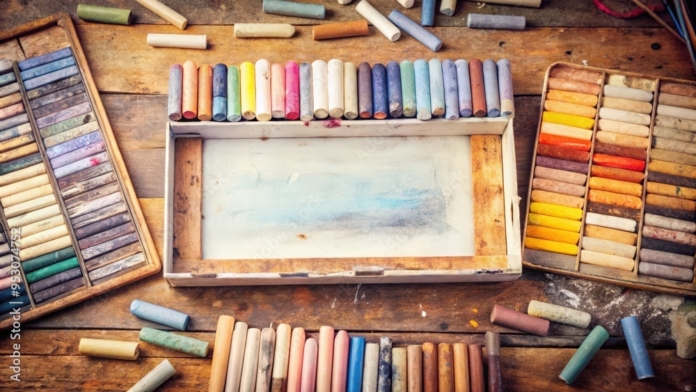 Fototapeta premium An Open Box of Pastel Crayons on a Wooden Table