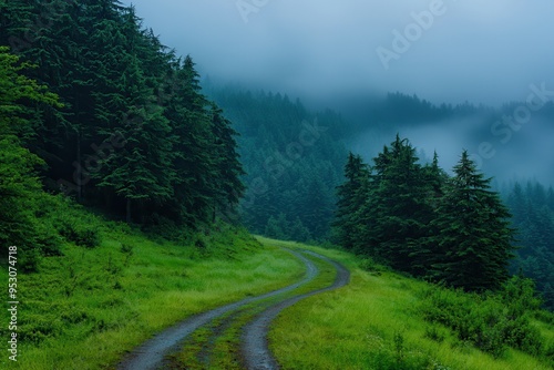 Misty forest path during Sairme Toba Festival in Georgia photo