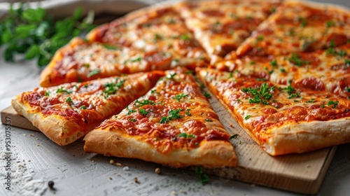 Deliciously crafted pizza topped with fresh herbs, sliced and ready for sharing on a rustic wooden board. Generative AI