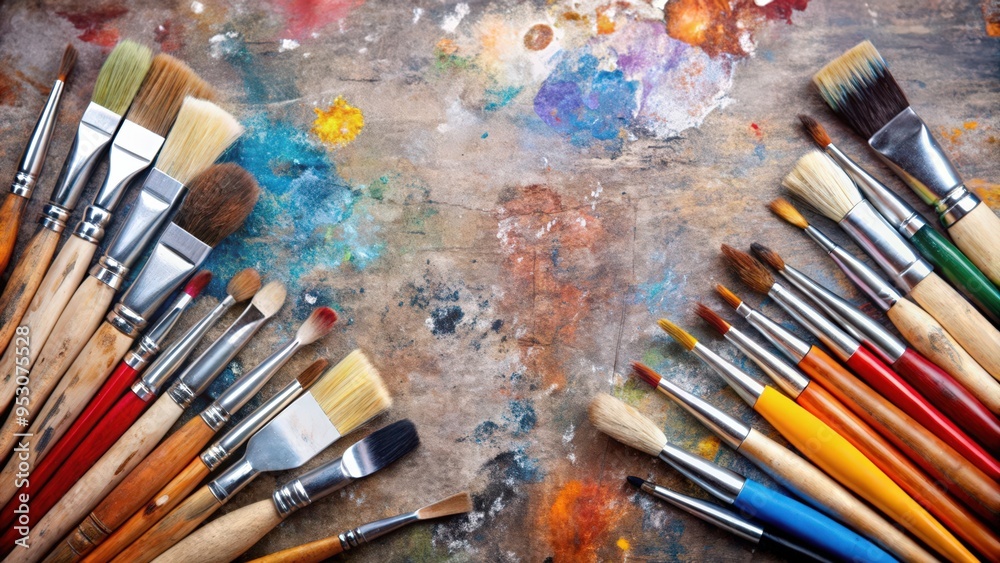 Obraz premium Paintbrushes and a Colorful Palette with Stained Wood