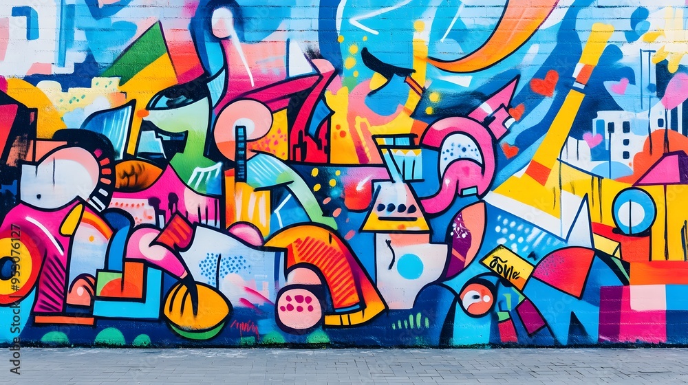 Naklejka premium Street art mural in a vibrant urban area with graffiti diverse people and bright colors creating a dynamic and energetic scene with 3D-rendered elements