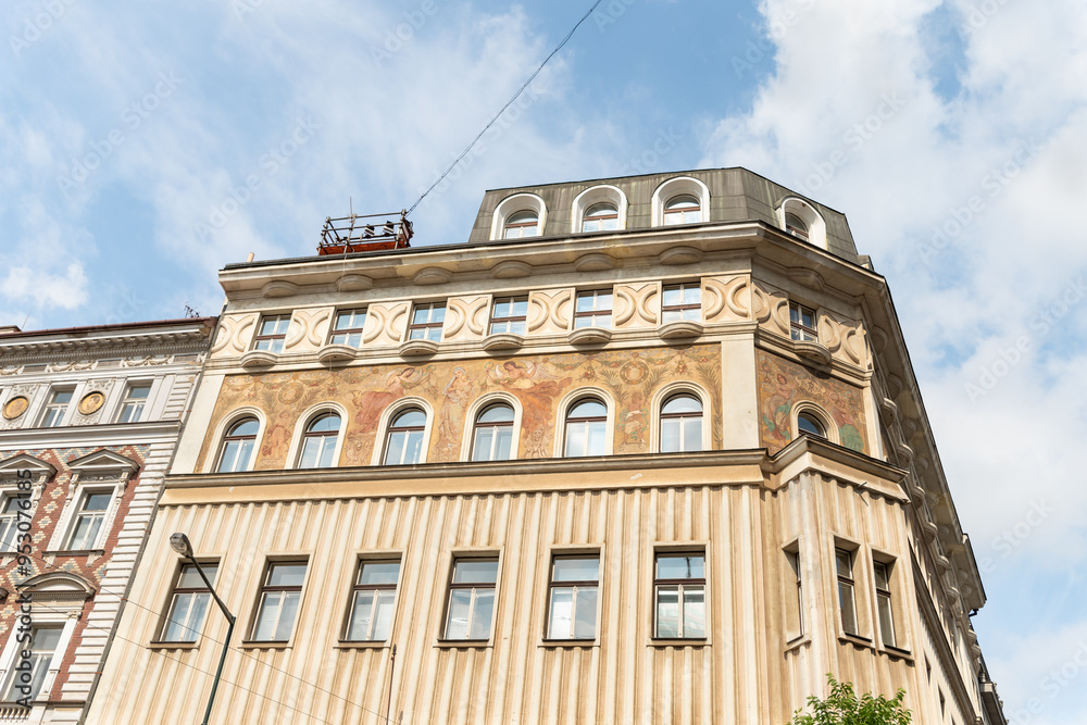 Obraz premium Decorative patterns on facade of old building on Sennaya Square Street in old part of Prague in Czech Republic