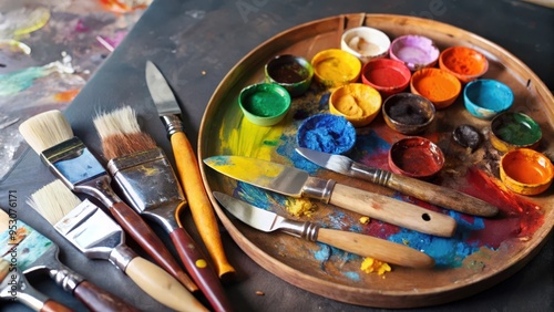 Artist's Palette with Brushes and Painting Knives photo