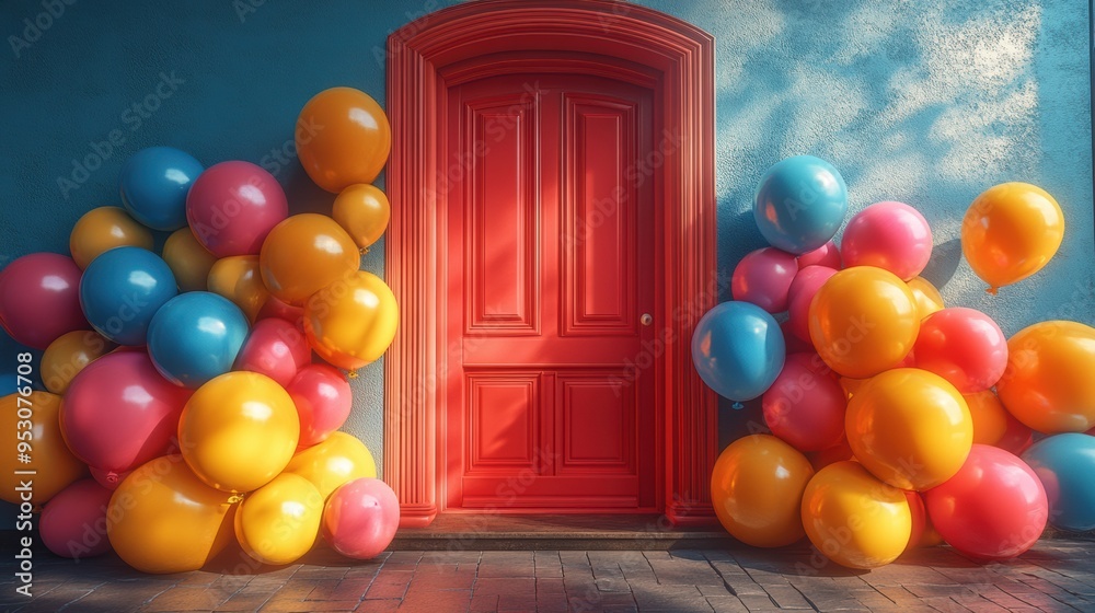 Obraz premium Colorful balls and inflatable air balloons flying out of an open door for a party concept.