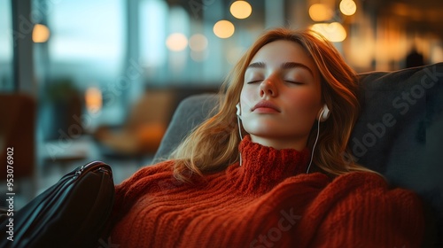 
A high angle shot of a woman reclining in a modern airport lounge, eyes closed, earbuds in, with her travel bag at her feet, soft overhead lighting, shot with a Canon EOS-1D X Mark III, 28mm lens, tr photo