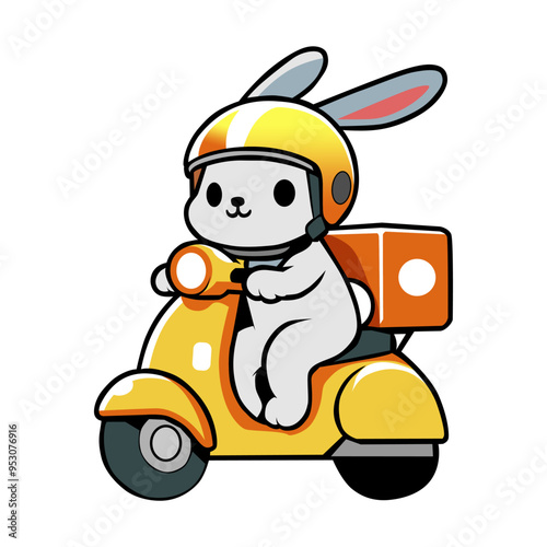 a cartoon rabbit on a yellow scooter with a box on the side.