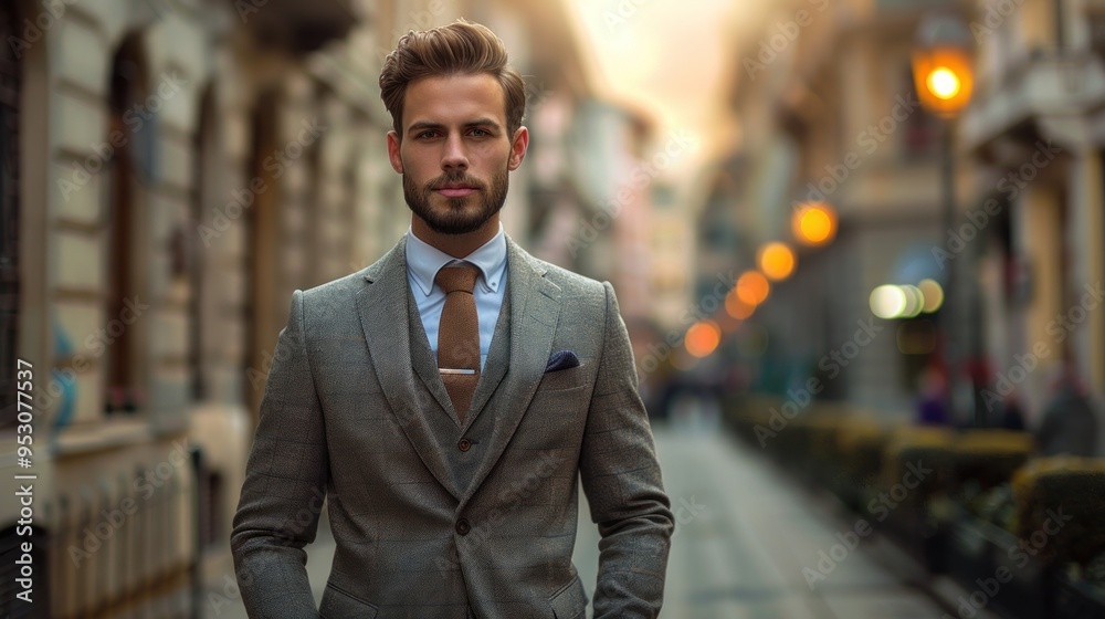 A well-dressed man walking confidently down a charming city street at dusk in an elegant outfit. Generative AI A well-dressed man walking confidently down a charming city street at dusk in an elegant outfit. Generative AI
