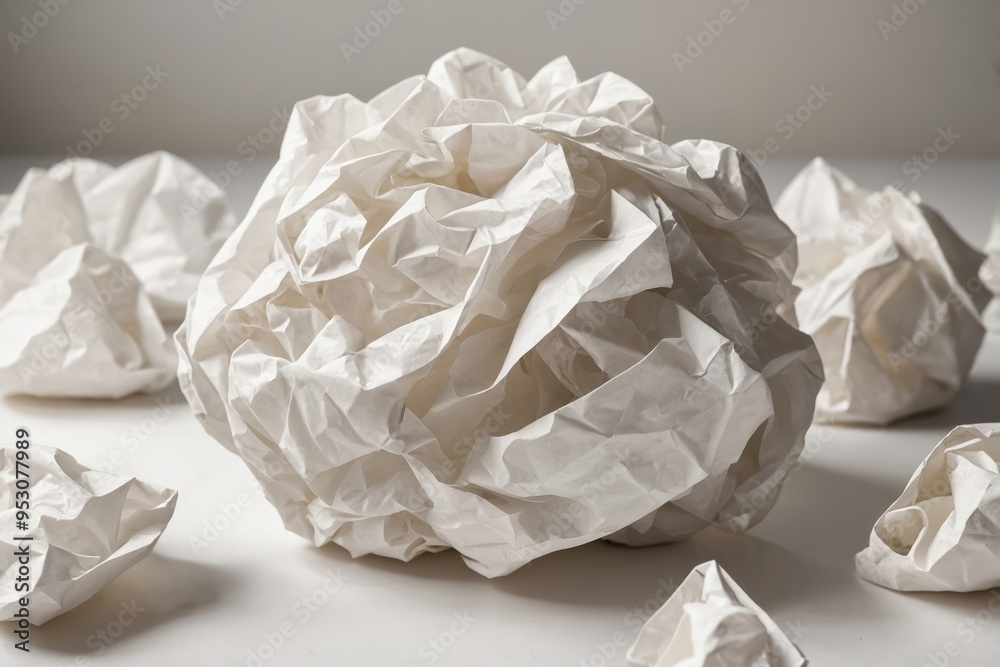 Crumpled paper balls on white surface with textured shapes Crumpled paper balls on white surface with textured shapes