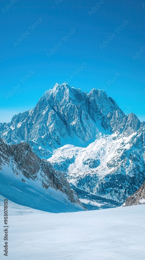 Obraz premium Scenic view of the Zugspitze mountain, Germany's highest peak, with snow-covered slopes, clear blue sky, a ski resort in the valley below, winter sports destination. 
