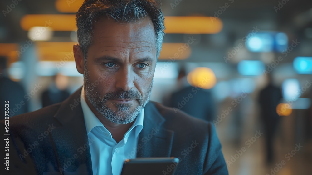 Fototapeta premium A close-up shot of a businessman typing on his smartphone while waiting in line at airport security, focused expression, ambient terminal lighting, shot with a Nikon Z7 II, 85mm lens, precise