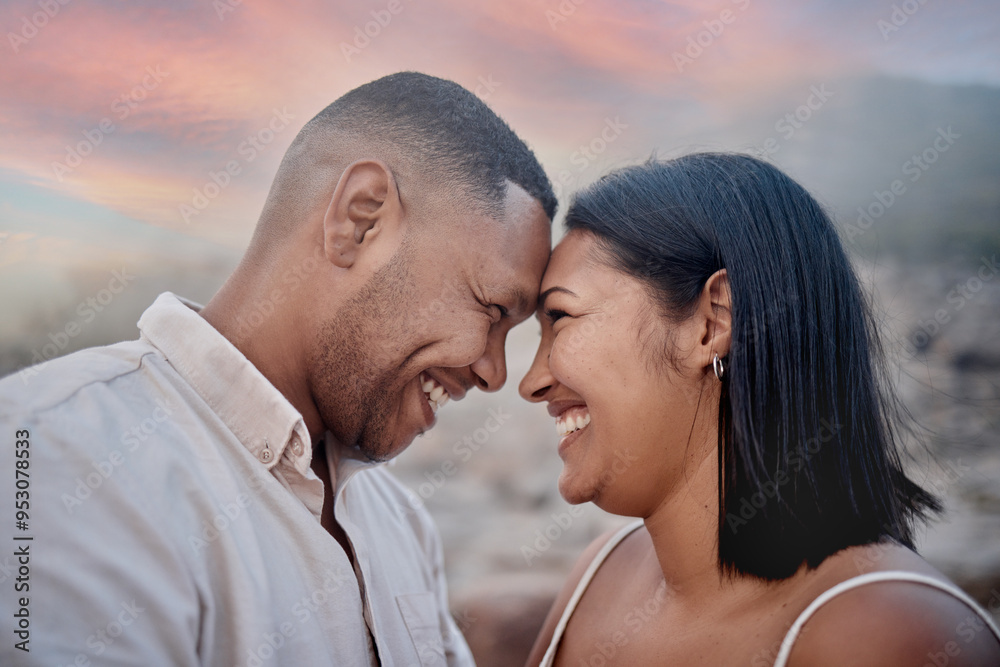 Connection, love and couple on beach at sunset on romantic date for travel with vacation or weekend trip. Happy, commitment and young man and woman bonding by ocean in evening on tropical holiday. Connection, love and couple on beach at sunset on romantic date for travel with vacation or weekend trip. Happy, commitment and young man and woman bonding by ocean in evening on tropical holiday.