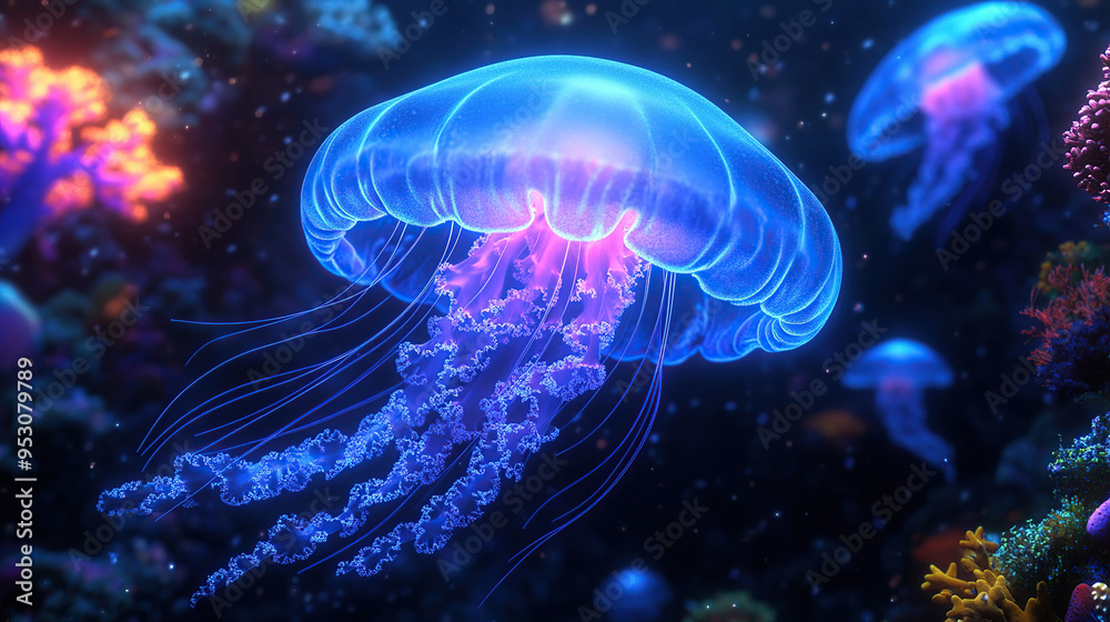3D render of a glowing blue jellyfish in the dark ocean 3D render of a glowing blue jellyfish in the dark ocean