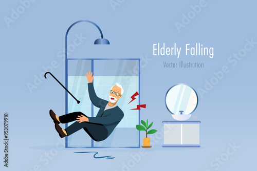 Elderly slip and falling in bathroom. Senior accident causes injury and bone fractures. Vector.