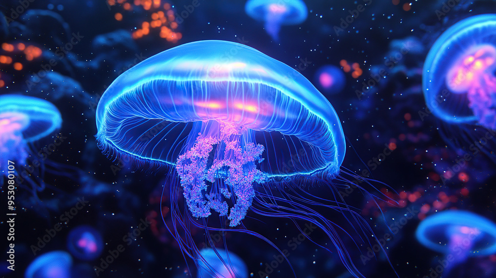 3D render of a glowing blue jellyfish in the dark ocean 3D render of a glowing blue jellyfish in the dark ocean