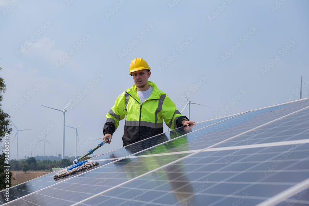 Worker cleaning with solar panel with wind turbine on background. Worker cleaning with solar panel with wind turbine on background.