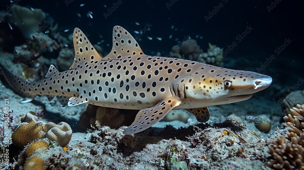 Epaulette shark walking on a coral reef, a nocturnal hunting scene that highlights the shark's unique method of locomotion Epaulette shark walking on a coral reef, a nocturnal hunting scene that highlights the shark's unique method of locomotion