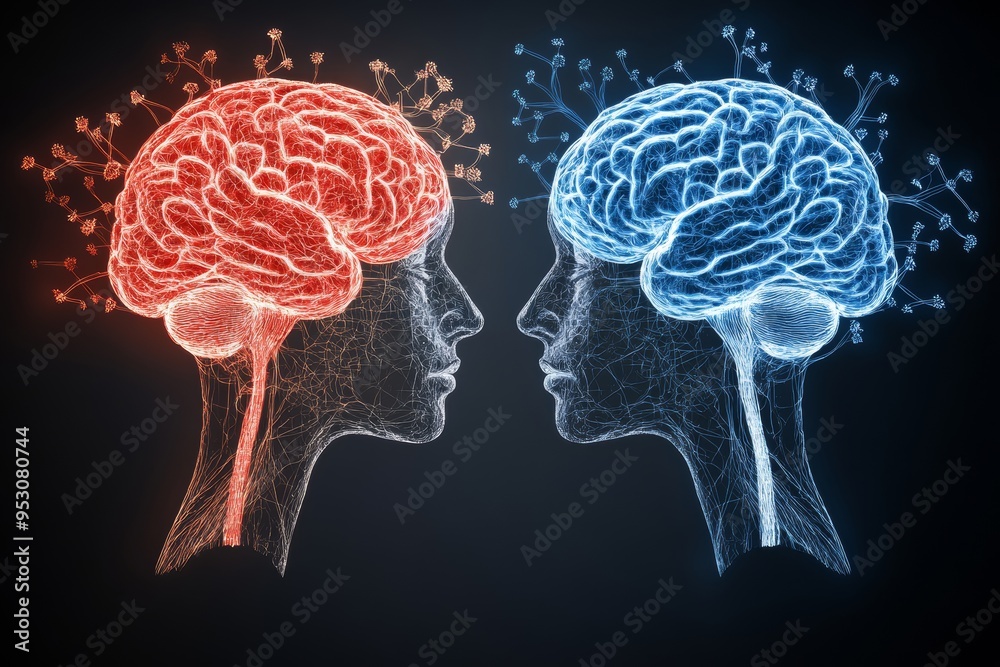 Red and Blue Neural Spectrum A Futuristic Illustration Depicting the Cognitive Connection between Two Minds Highlighted by Vibrant Brain Colors Red and Blue Neural Spectrum A Futuristic Illustration Depicting the Cognitive Connection between Two Minds Highlighted by Vibrant Brain Colors