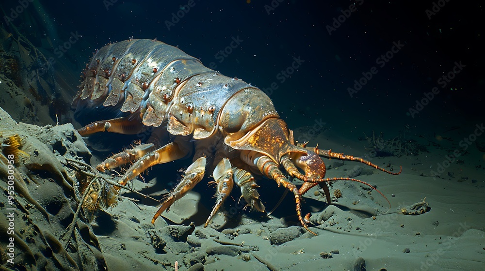 Giant isopod scuttling across the deep sea floor, its alien-like appearance enhanced by the eerie, dimly lit environment, portraying the mysterious world of the ocean depths Giant isopod scuttling across the deep sea floor, its alien-like appearance enhanced by the eerie, dimly lit environment, portraying the mysterious world of the ocean depths