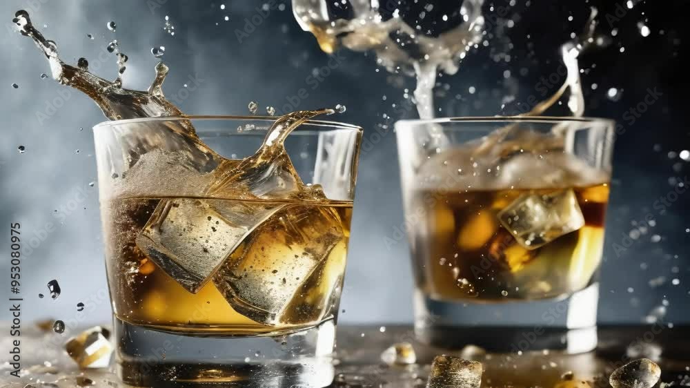  Two glasses of whiskey with ice cubes splashing in them.
