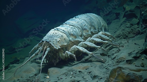 Giant isopod scuttling across the deep sea floor, its alien-like appearance enhanced by the eerie, dimly lit environment, portraying the mysterious world of the ocean depths  photo