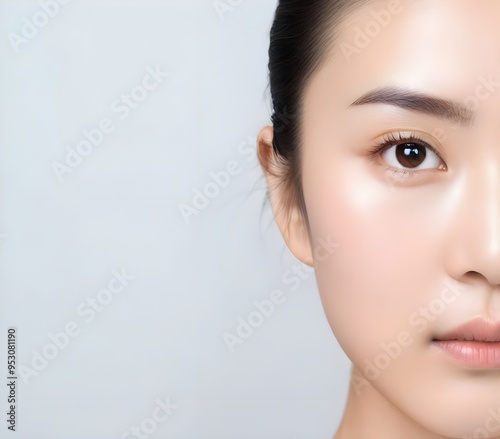 Close up of beauty asia woman eye on white background. clean fresh skin on beige background, Face care, Facial treatment, Cosmetology, beauty and spa, Asian women portrait
