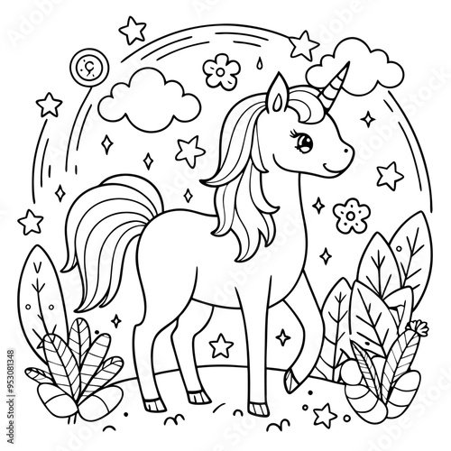 A coloring page of a unicorn eyecatching Illustrative eyecatching accessible.