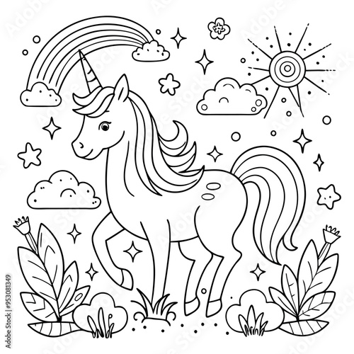 A coloring page of a unicorn eyecatching Illustrative eyecatching accessible.