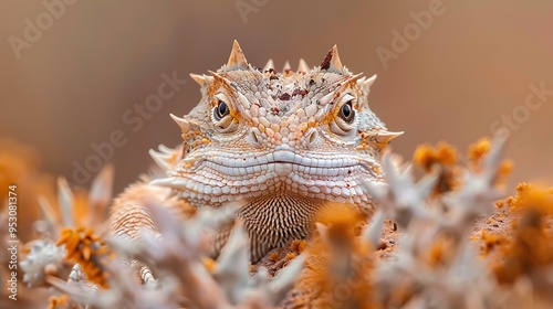 Horned lizard squirting blood from its eyes as a defensive behavior, the scene captured in dramatic detail against a desert backdrop  photo