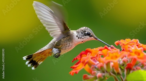 Hummingbird hawk-moth feeding on a flower, its wings a blur in a detailed macro shot that captures the speed and precision of this tiny creature 