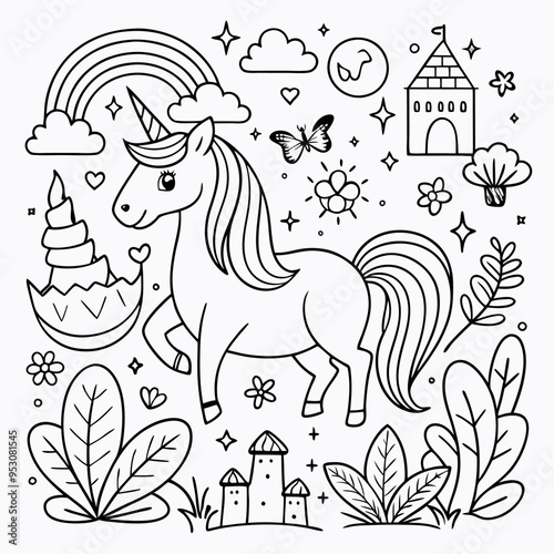 A coloring page of a unicorn eyecatching Illustrative eyecatching accessible.