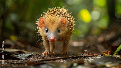 Lowland streaked tenrec, a spiky hedgehog-like mammal, foraging in the dense undergrowth of a Madagascar forest, the scene vibrant with life 