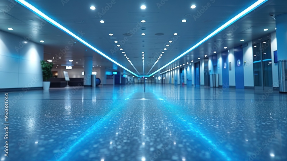 A tranquil, modern underground corridor illuminated by electric blue lights in a bustling urban area. Generative AI A tranquil, modern underground corridor illuminated by electric blue lights in a bustling urban area. Generative AI