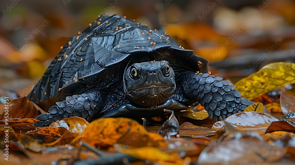 Mata mata turtle camouflaged in leaf litter, ambushing a fish with its ...