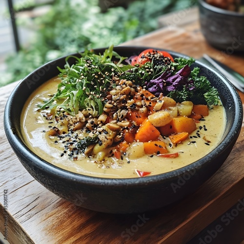 Gourmet vegan restaurant with a focus on plant-based soups and salads 16:9 photo