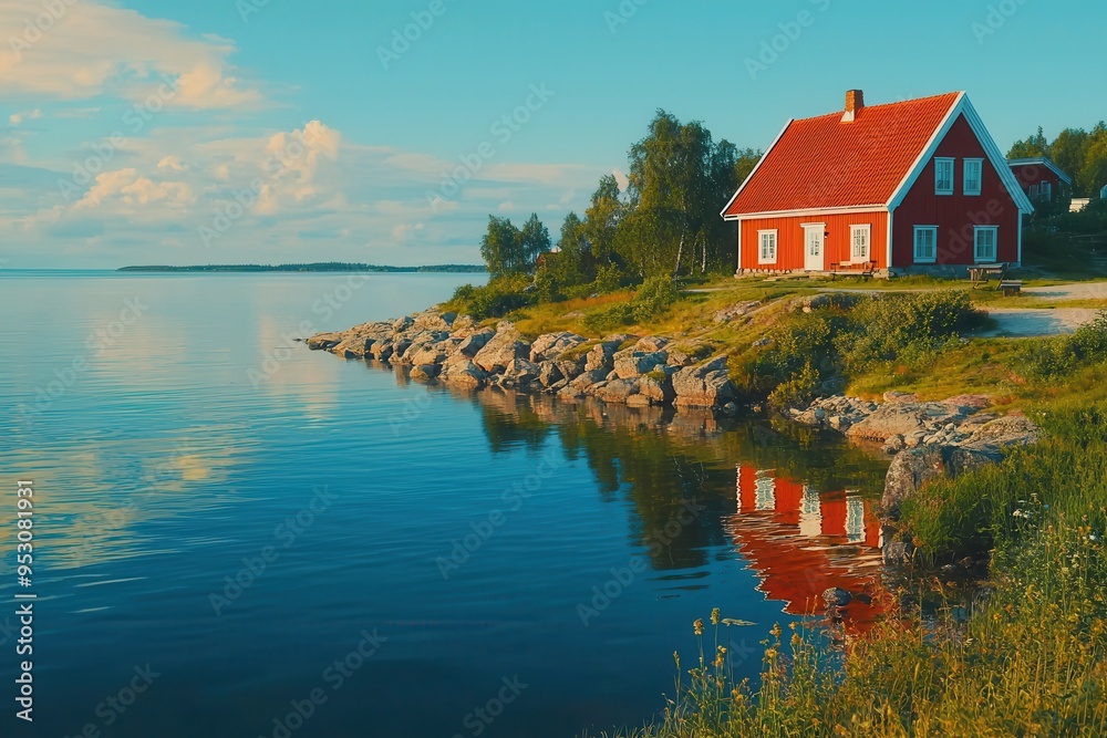 Obraz premium Tranquil coastal village during Juhannus, Midsummer celebration in Finland.