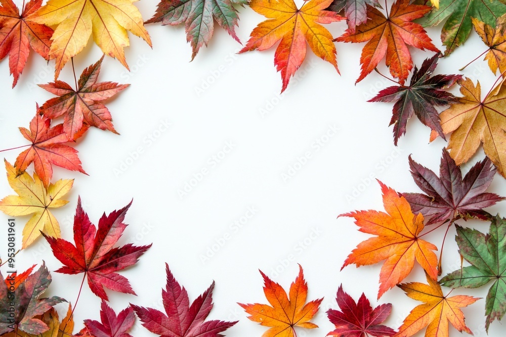 Autumn Maple Leaves Flat Lay White Background created with Generative AI Autumn Maple Leaves Flat Lay White Background created with Generative AI