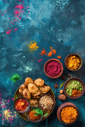 Assorted Traditional Indian Food, Holi Colors Powder, Rustic Background. Indian Holi Holiday Celebration with Indian Dishes and Snacks Set. Top View Space for Text flat lay