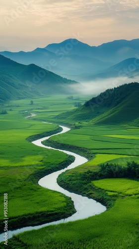 Tranquil countryside under soft evening light during Qingming Festival in China.