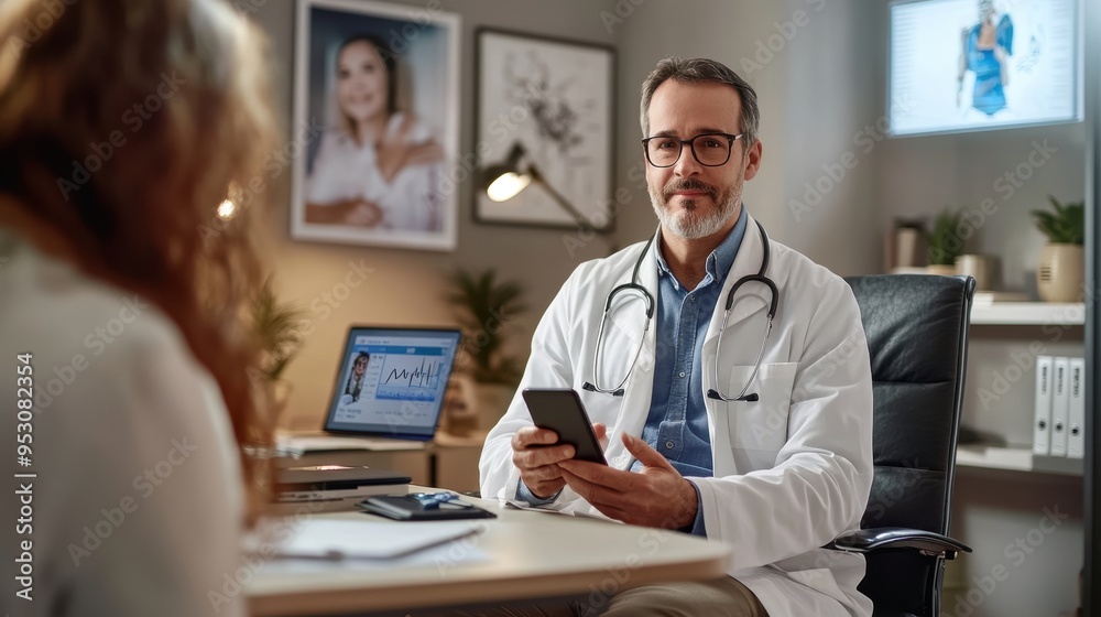 A man in a white lab coat is sitting at a desk with a woman in front of him A man in a white lab coat is sitting at a desk with a woman in front of him