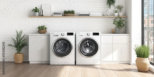 Modern Laundry Room with White Washer and Dryer.