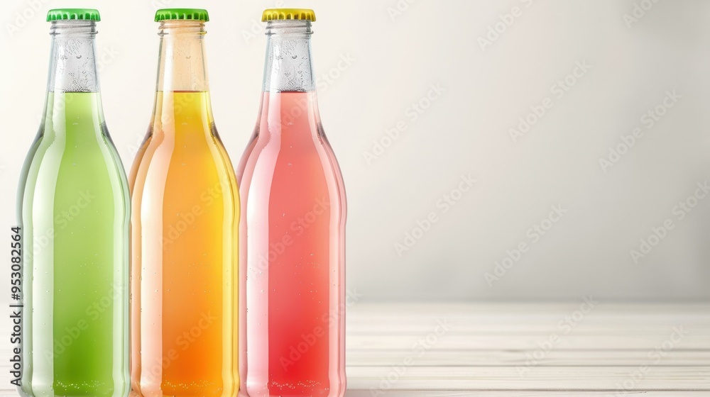 Vibrant kombucha bottles with eyecatching labels, showcasing fizzing liquid against a sleek, minimalistic backdrop. Vibrant kombucha bottles with eyecatching labels, showcasing fizzing liquid against a sleek, minimalistic backdrop.