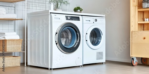 Wallpaper Mural Modern Laundry Room with White Washing Machine and Dryer. Torontodigital.ca