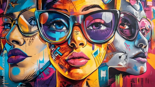 Graffiti mural in an urban area with bright colors diverse people and bold 3D elements creating a dynamic street scene