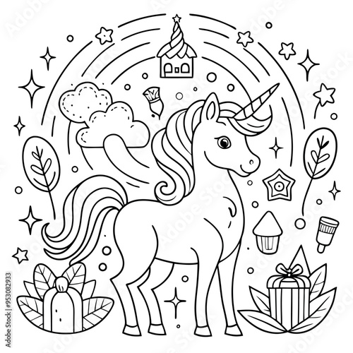 A coloring page of a unicorn eyecatching Illustrative eyecatching accessible.