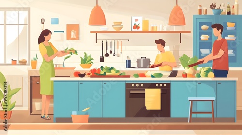 A bright kitchen with customers chopping vegetables and following a recipe