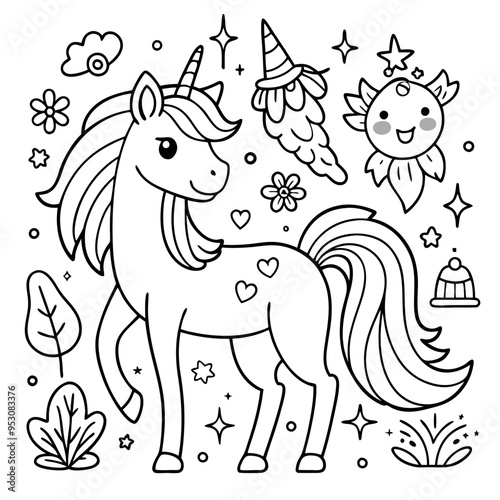 A coloring page of a unicorn eyecatching Illustrative eyecatching accessible.