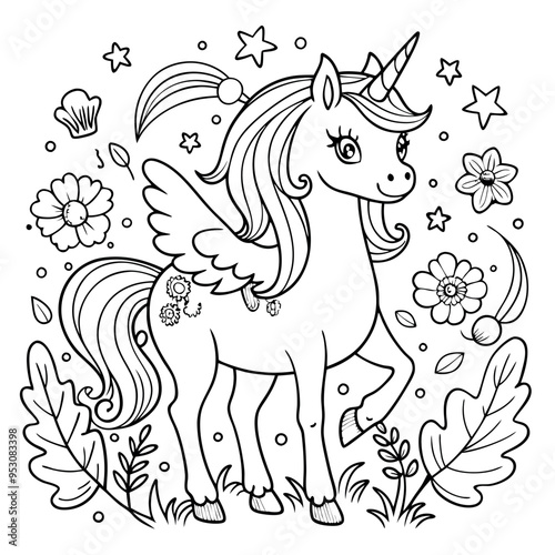 A coloring page of a unicorn eyecatching Illustrative eyecatching accessible.