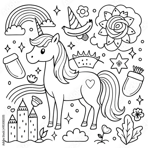 A coloring page of a unicorn eyecatching Illustrative eyecatching accessible.