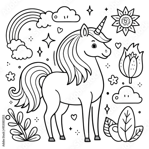 A coloring page of a unicorn eyecatching Illustrative eyecatching accessible.